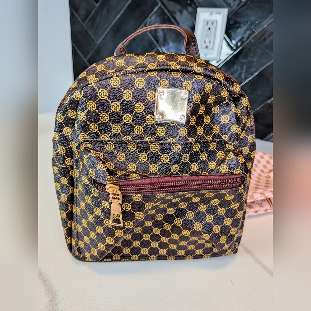 Vintage Style Monogram Mini Backpack - Brown & Gold Chic